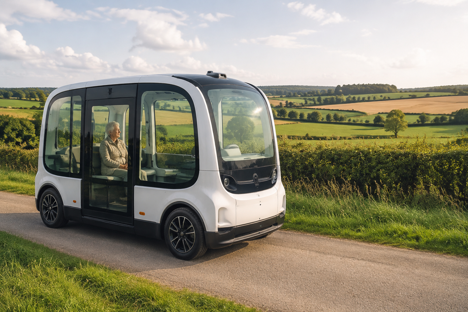 Autonomous shuttle in remote town with elderly passenger