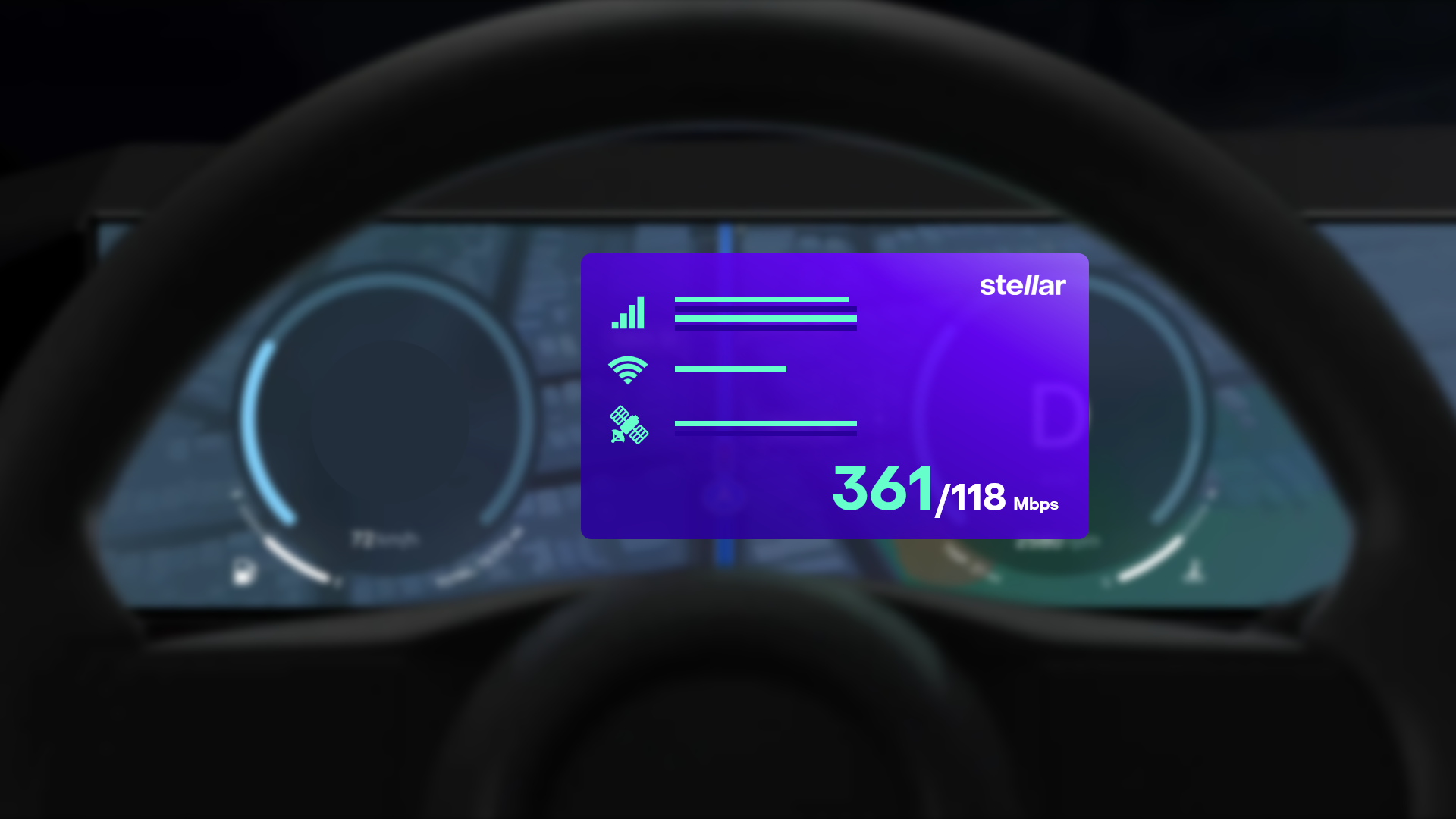 Dashboard in car showing purple popup showing internet connectivity status Stellar